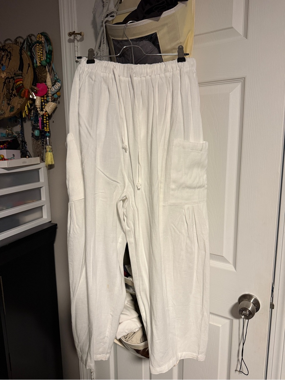 White Wide-Leg Drawstring Pants